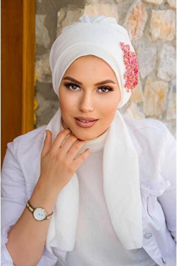 Aişe tesettür White Coral Embroidered Scarf Evening Dress with Bonnet - 60101