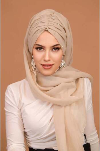 Aişe tesettür Bone Color Stone Gather Model Ready Evening Dress Shawl