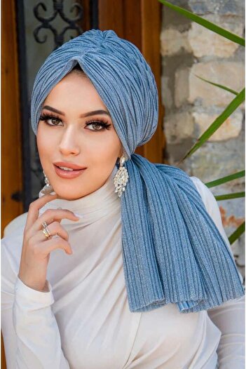 Aişe tesettür Baby Blue Sparkling Pleated Buckle Bonnet