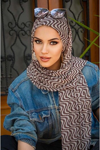 Aişe tesettür Brown Stone Spiral Patterned Bonnet Ready Shawl