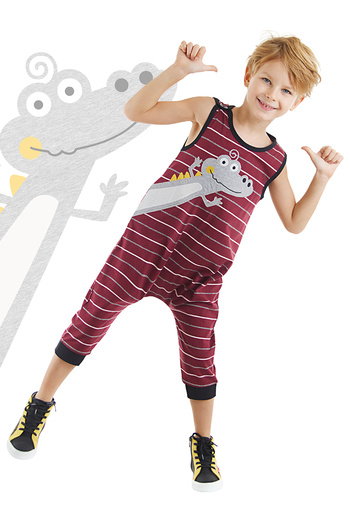 Denokids Funny Crocodile Boy's Cotton Claret Red Jumpsuit