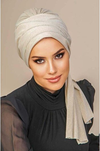 Aişe tesettür Ecru Stoned Evening Dress with Scarf Bonnet