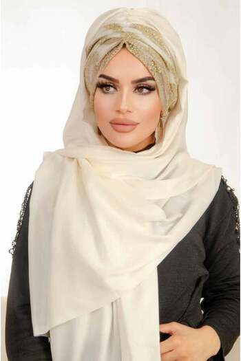 Aişe tesettür Ecru Gold Lace Ready-made Chiffon Shawl