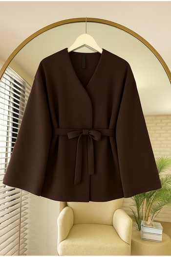 Giyim Gezegeni New Season Brown Belted Scuba Jacket Kimono Tunic Oversize Trend Comfortable Modern Modest Chic