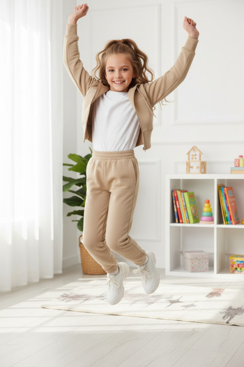 zepkids Kangaroo Pocketed Front Zippered Mink Color 8-12 Years Old Girl's Tracksuit Set