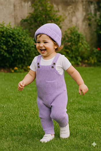 Nimini Kids Adjustable Strap Thessaloniki Knitted Hat Knitwear Jumpsuit Salopet with Pocket Detail (Sizes between 3-24)