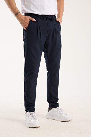OneZero Men's Jogger Pleated Waist Elasticated Lace-Up Lycra Navy Blue Trousers