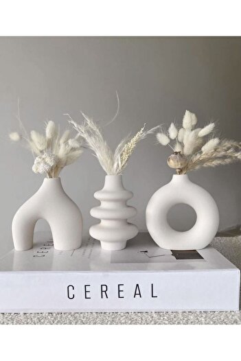 Zigzag Home Decorative Bohemian Style White Color 3 Piece Mini Size Vase Set Ring Vase Spiral Vase Figurine Set