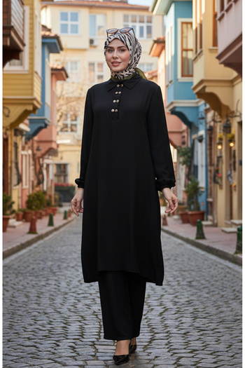 sefamerve Shirt Collar Tunic Trousers Double Set 0123-06 Black