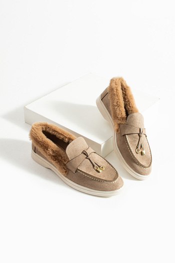 diclepolat Women's Mink Loafer Plush Furry Comfortable Suede Shoes Puffy