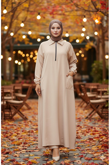 sefamerve Double fabric long tunic pants double set 0034-06 beige