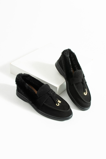 diclepolat Women's Black Loafer Plush Furry Comfortable Suede Shoes Puffy