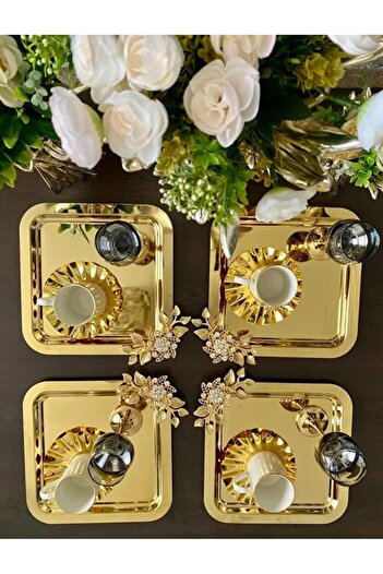 LOKMAN ZÜCCACİYE Single Person Coffee Tea Presentation Tray with Gold Stone Brooch for 6 People