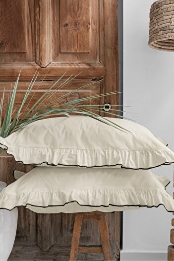 Ricco Lifes Ruffled Trim Overlocked Ecru Cotton Double Duvet Cover Set