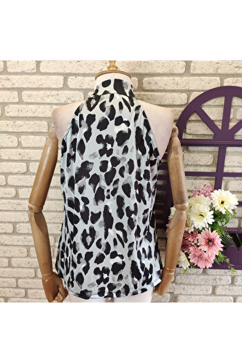 merysare Gray Leopard Patterned Micro Fabric Blouse
