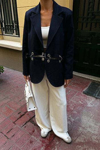 Ortaya Çık Navy Blue Ring Detail Design Blazer Jacket