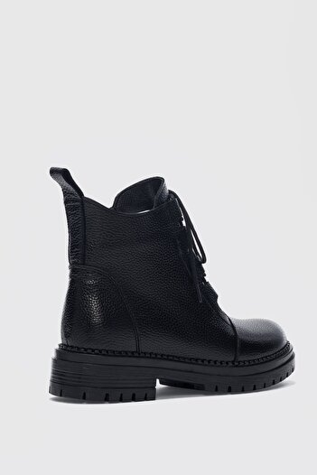 selinshoes Matilda Genuine Leather Women's Zippered Boots with Lacing Accessories - Black