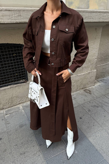 Ortaya Çık Coffee Design Slit Skirt Jacket Women's Set