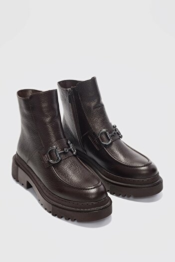 selinshoes Melodi  Hakiki Deri Önden Toka Detaylı Fermuarlı Bot- Acı Kahve
