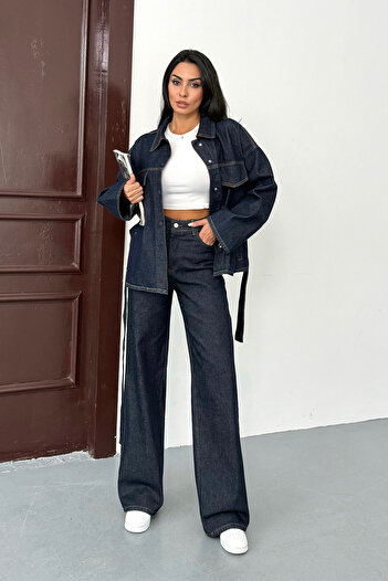 Ortaya Çık Navy Blue Belted Jacket Pants Denim Suit