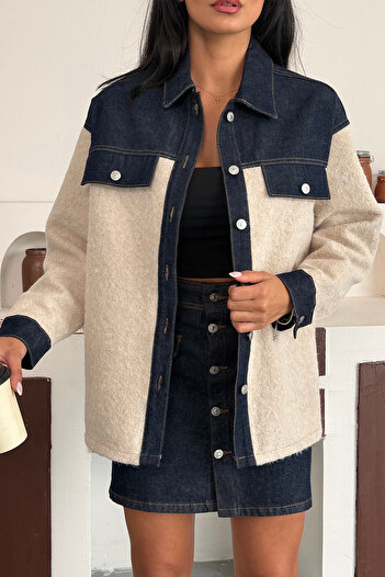 Ortaya Çık Beige Denim Detailed Boucle Jacket