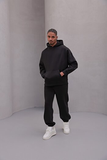 The Champ Clothing Ανδρικό σετ αθλητικής φόρμας Oversize Μαύρο – Basic, 3-κλωνο φλις με ανάλαφρο χρώμα; Φούτερ με κουκούλα, ελαστικό κάτω μέρος
