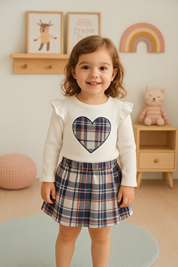 Nimini Kids Plaid Patterned Ruffle Detail Badili Shorts Skirt Girls' Top and Bottom Set (3-8 Years Old)