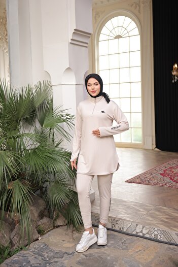 MİMİ Luxury Wear Μπεζ γυναικεία φόρμα Jogger - Ύφασμα κατάδυσης με φερμουάρ, Standard Fit
