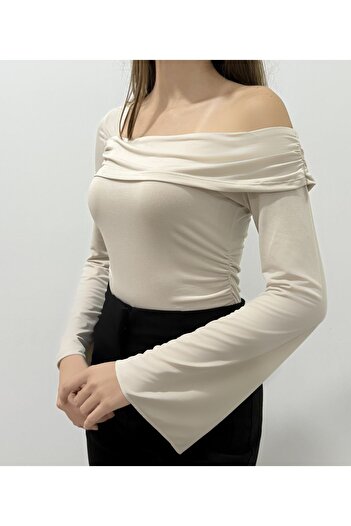peri tower New Product Women's One Shoulder Drawstring Detail Spanish Sleeve Blouse 0037