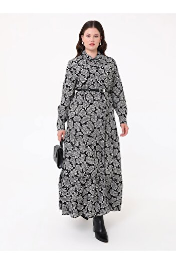 ALİA Large Size Floral Patterned Dress with Natural Fabric - Black - White-