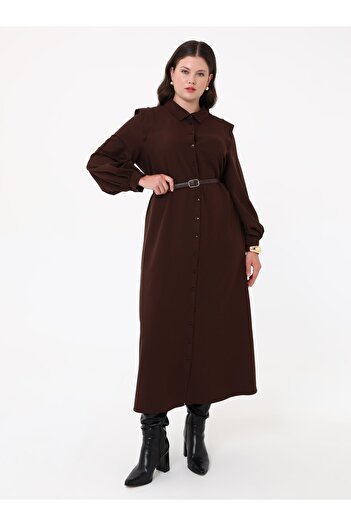 ALİA Crepe Fabric Aller Detailed Plus Size Dress - Brown - Alia
