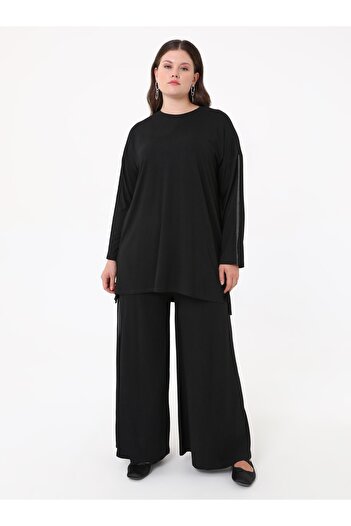 ALİA Viscose Comfortable Fit Plus Size Suit with Glitter Stripe Detail on the Sleeves - Black - Alia