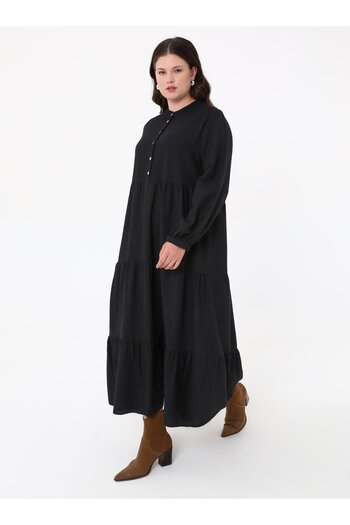 ALİA Judge Collar Button Detailed Plus Size Dress - Black - Alia