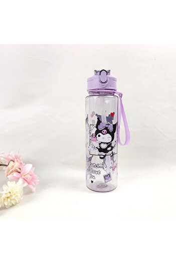 Miniso purple 800ML Children's Cartoon Kuromi Transparent Pop-up Spout Water Cup Hand-held Strap Anti-fall