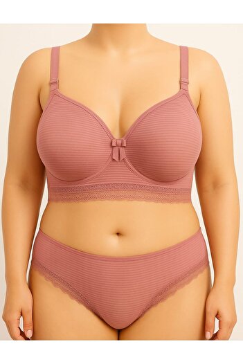 enmodaiçgiyim Dusty Rose Plus Size C Cup Unpadded Underwire-Free Sponge Striped Tulle Detailed Bra