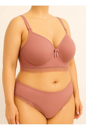 enmodaiçgiyim Dusty Rose Plus Size C Cup Unpadded Underwire-Free Sponge Striped Tulle Detailed Bra