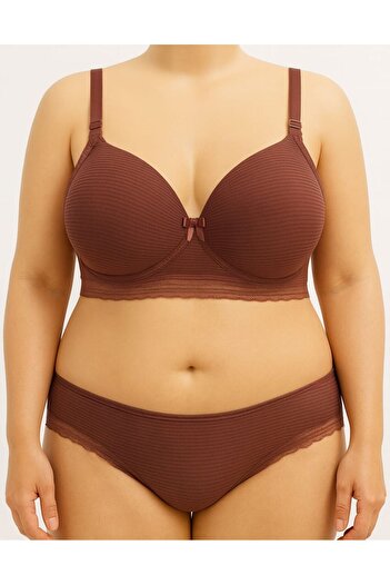 enmodaiçgiyim Mink Plus Size C Cup Unpadded Underwire-Free Sponge Striped Tulle Detailed Bra