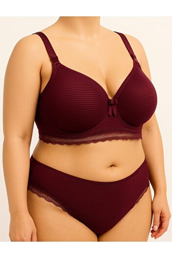 enmodaiçgiyim Purple Plus Size C Cup Unpadded Underwire-Free Padded Striped Tulle Detailed Bra