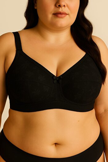 enmodaiçgiyim Black Plus Size Patterned Non-Padded Wirefree Push-Up C Cup Bra – Breathable Comfortable Underwear