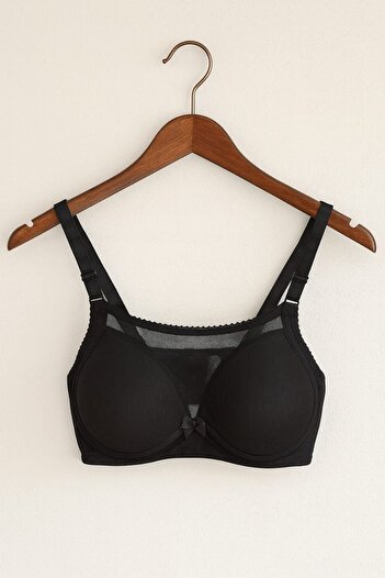 enmodaiçgiyim Black Plus Size Tulle Detailed Unlined Unwired Bra C Cup Comfortable and Stylish Underwear