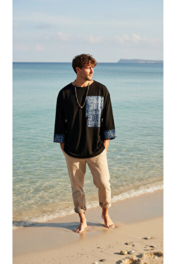 rammers Wide Collar Bohemian Ethnic Patterned Sweatshirt with Pockets