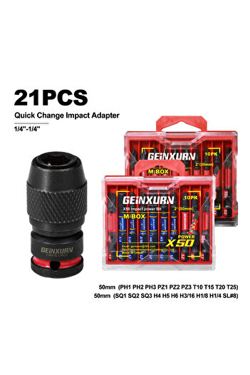Choice 21 قطعة من حاملات رؤوس مفكات البراغي Geinxurn Impact، محرك مربع 1/4 بوصة إلى فك سريع سداسي 1/4 بوصة