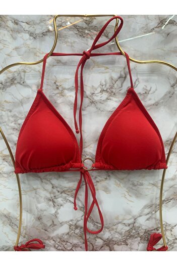 VAJESTO Kadın Kırmızı Halka Detay String Yandan Ve Boyundan Bağlamalı Şık İpli Tanga Likralı Bikini Takım