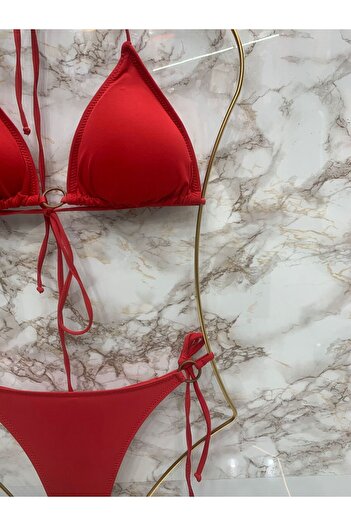 VAJESTO Kadın Kırmızı Halka Detay String Yandan Ve Boyundan Bağlamalı Şık İpli Tanga Likralı Bikini Takım