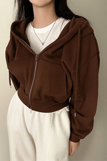 Karakedi Crop Model Brown Thick Hooded Short Sweatshirt