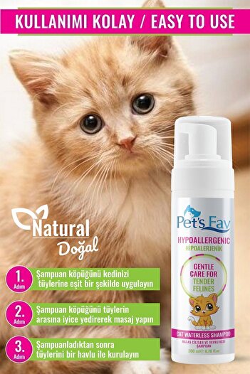 Pets Fav Hipoalerjenik Hassas Ciltler İçin Doğal ve Organik Kuru Köpük Yavru Kedi Şampuanı