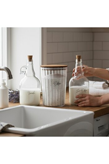 zezedesing 2300ml Βάζο απορρυπαντικού με ρίγες και ξύλινο καπάκι - Μπουκάλι 1000ml υγρού απορρυπαντικού και αποσκληρυντικού