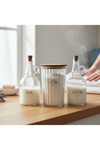 zezedesing 2300ml Βάζο απορρυπαντικού με ρίγες και ξύλινο καπάκι - Μπουκάλι 1000ml υγρού απορρυπαντικού και αποσκληρυντικού