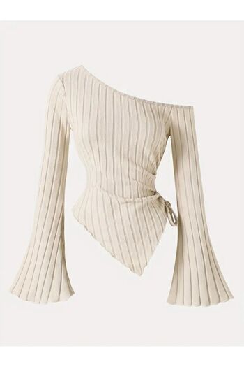 ARK MAĞAZALARI Women's Beige Asymmetrical One-Shoulder Knitwear Blouse – Spanish Sleeve, Drawstring Detail