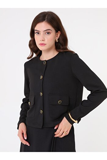 Refka Crepe Fabric Button Detailed Pocket Jacket & Skirt Set - Black -